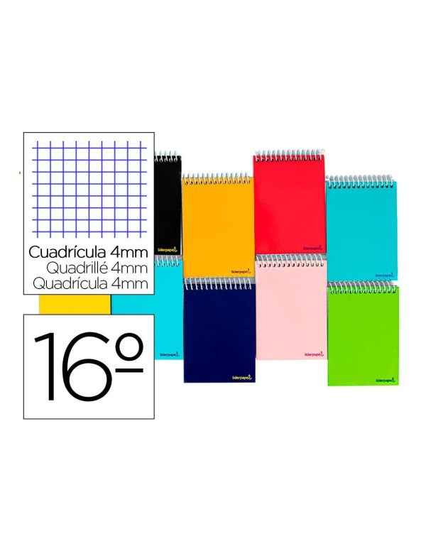 Cuaderno espiral liderpapel bolsillo dieciseavo apaisado smart tapa blanda 80h 60gr cuadro 4mm colores surtidos.