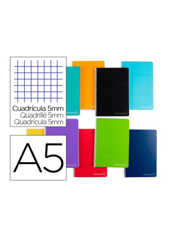 Cuaderno espiral liderpapel a5 micro witty tapa dura 140h 75gr cuadro 5mm 5 bandas 6 taladros colores surtidos.