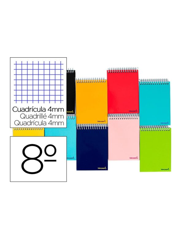 Cuaderno espiral liderpapel bolsillo octavo apaisado smart tapa blanda 80h 60gr cuadro 4mm colores surtidos.