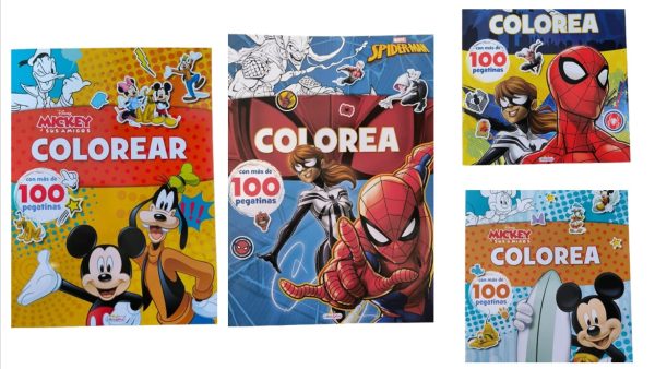 LIBRO COLOREA Y PEGA (SPIDERMAN, MICKEY MOUSE, ETC)